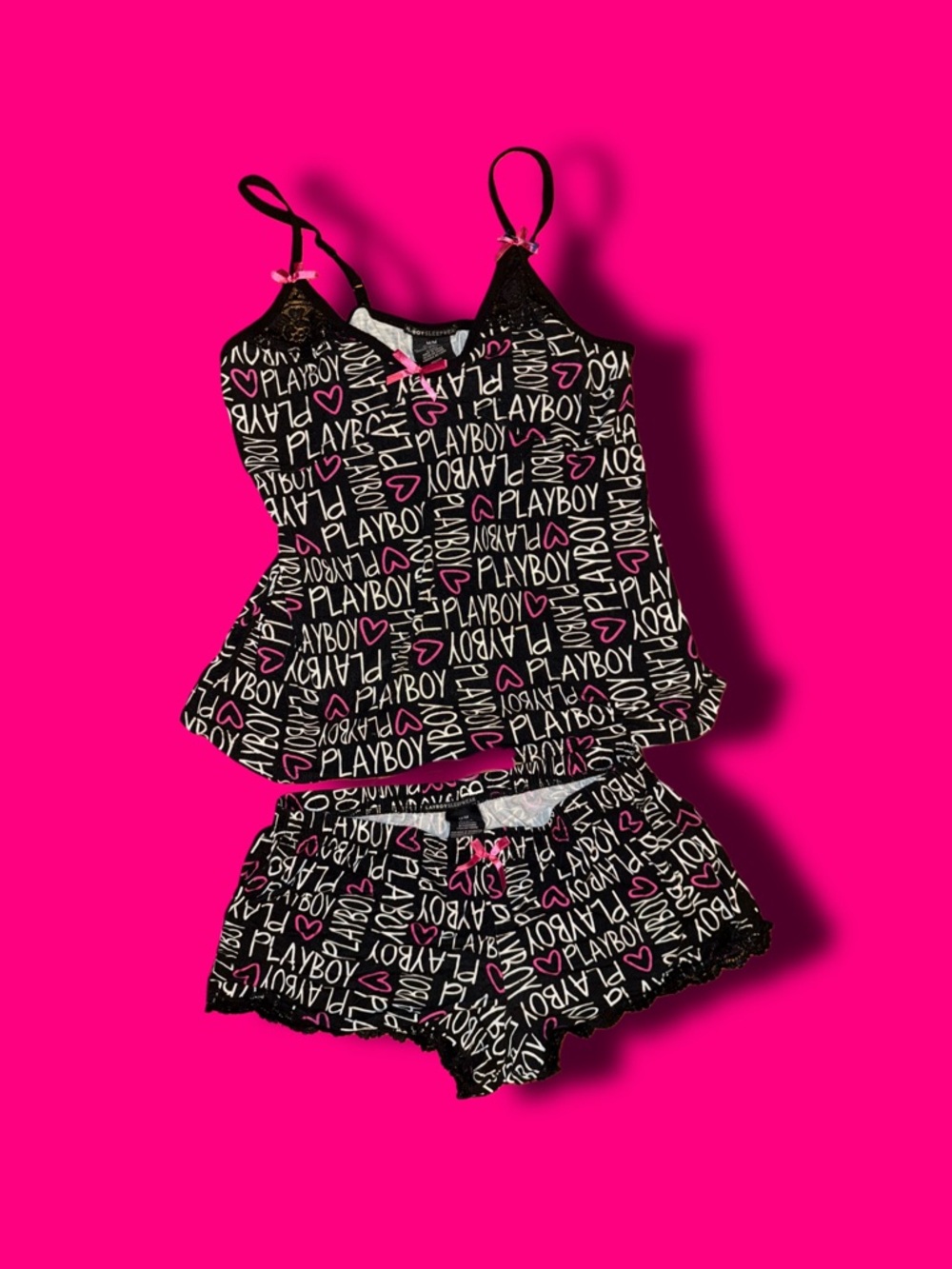 |SOLD!|PLAYBOY Black Camisole & Short Sleep Set with Pink and White Logo Print